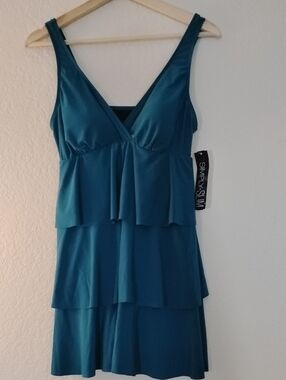 NEW Teal Ruffled Flirty Modest One Piece Swimsuit V-Neck